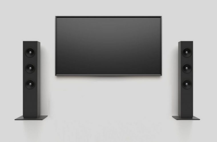 Home cinema set with large lcd tv panel, music speakers, video disc player, amplifyer. Living room interior concept. Graphic design element for movie advertisement, multimedia system sale. 3D illustration